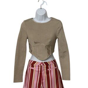 Rehab Lab Corset Style Ribbed Long Sleeve Crop Top Beige Sculpted Waist Small